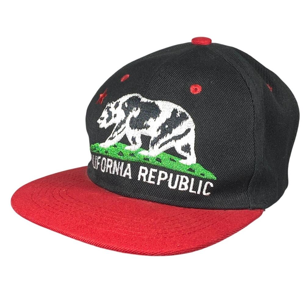California Republic Bear Hat Black Snapback Adjustable Cap Cali Black Red Y2K